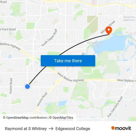 Raymond at S Whitney to Edgewood College map