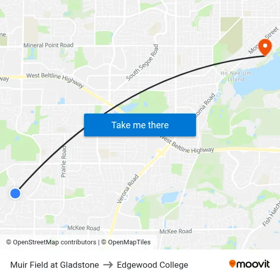Muir Field at Gladstone to Edgewood College map