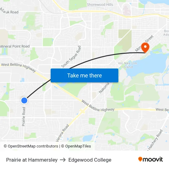 Prairie at Hammersley to Edgewood College map