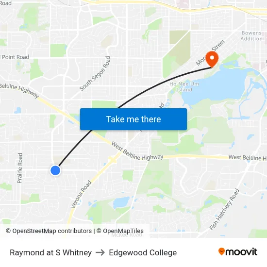 Raymond at S Whitney to Edgewood College map