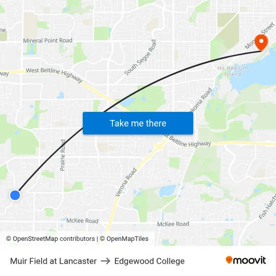 Muir Field at Lancaster to Edgewood College map