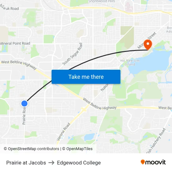 Prairie at Jacobs to Edgewood College map