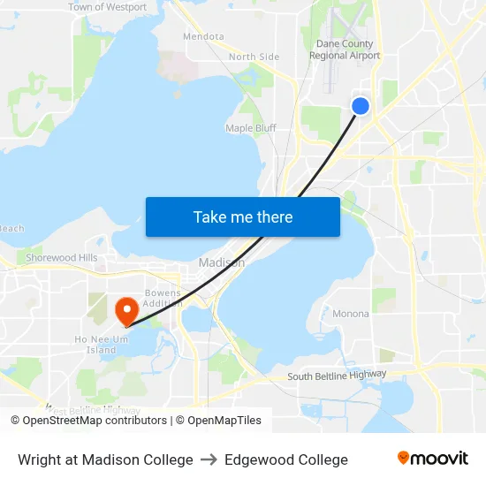 Wright at Madison College to Edgewood College map