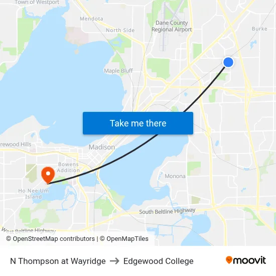 N Thompson at Wayridge to Edgewood College map