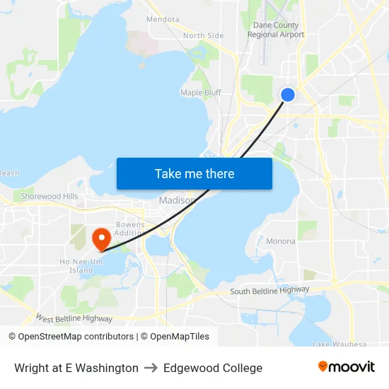 Wright at E Washington to Edgewood College map