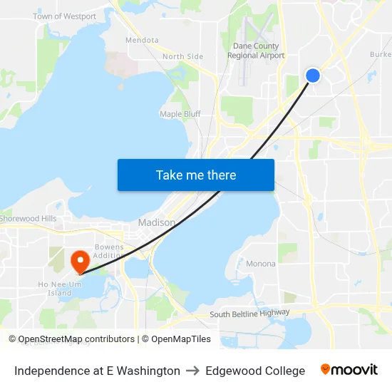 Independence at E Washington to Edgewood College map
