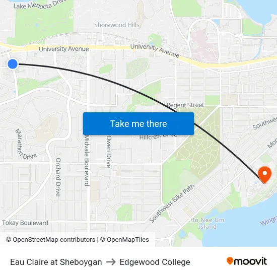 Eau Claire at Sheboygan to Edgewood College map