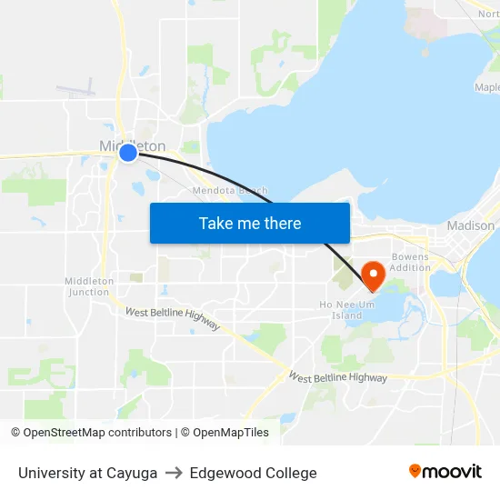 University at Cayuga to Edgewood College map