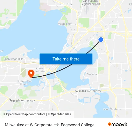 Milwaukee at W Corporate to Edgewood College map