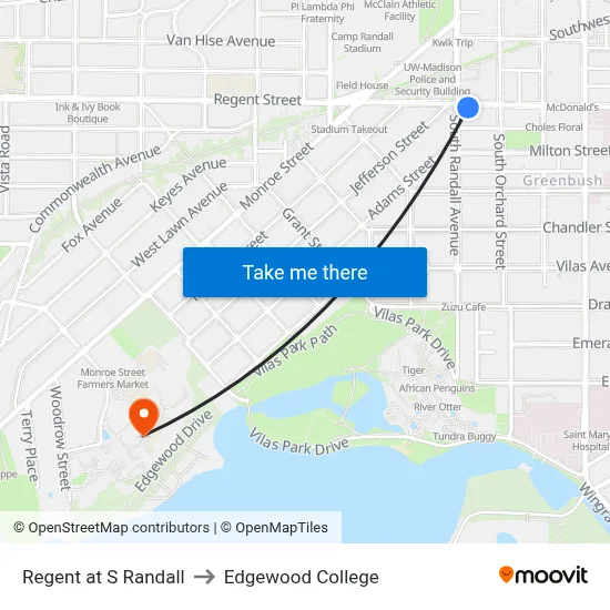 Regent at S Randall to Edgewood College map