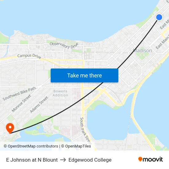 E Johnson at N Blount to Edgewood College map