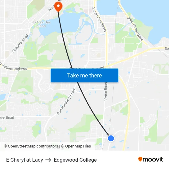 E Cheryl at Lacy to Edgewood College map