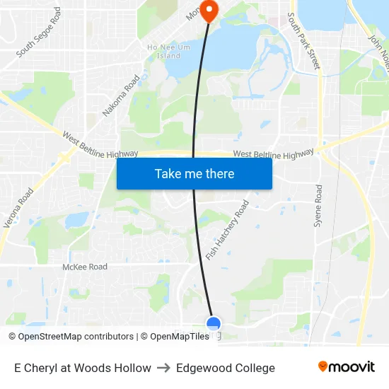 E Cheryl at Woods Hollow to Edgewood College map