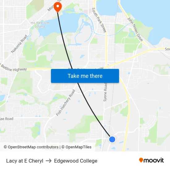 Lacy at E Cheryl to Edgewood College map