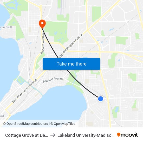 Cottage Grove at Dempsey to Lakeland University-Madison Center map