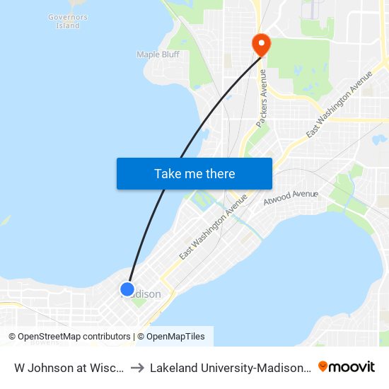 W Johnson at Wisconsin to Lakeland University-Madison Center map