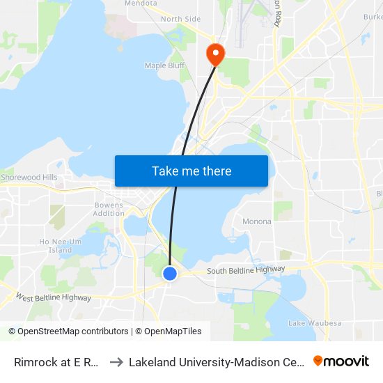 Rimrock at E Rusk to Lakeland University-Madison Center map