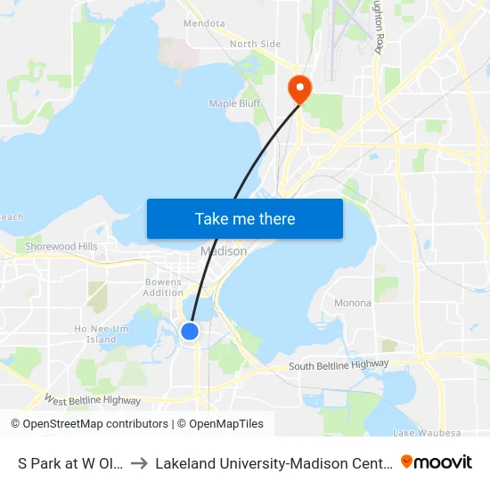 S Park at W Olin to Lakeland University-Madison Center map