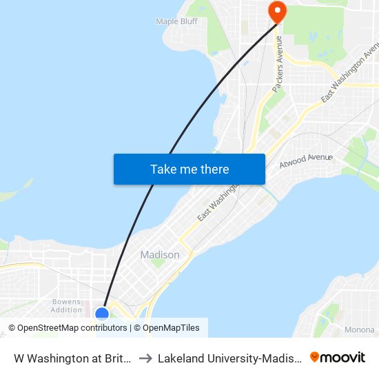 W Washington at Brittingham to Lakeland University-Madison Center map