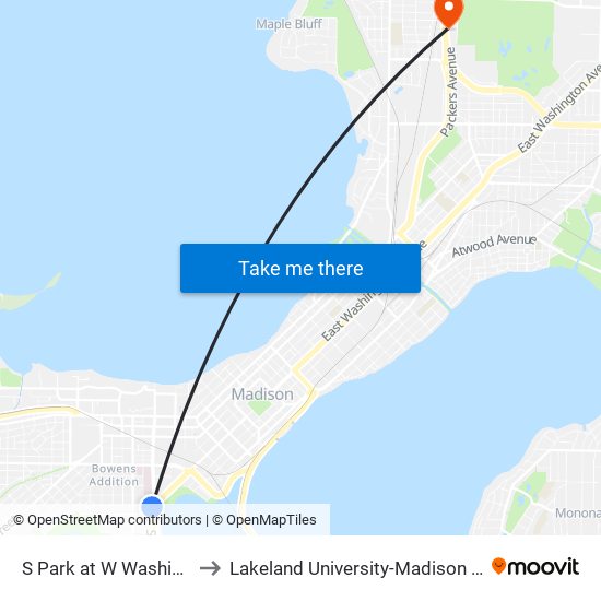 S Park at W Washington to Lakeland University-Madison Center map