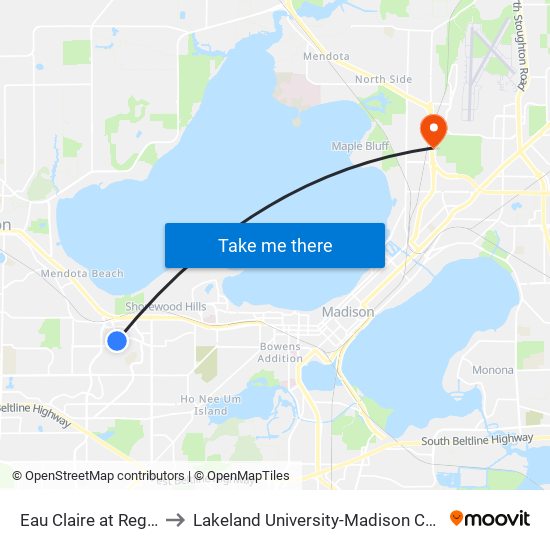 Eau Claire at Regent to Lakeland University-Madison Center map