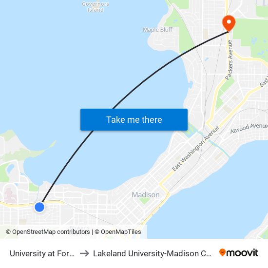 University at Forest to Lakeland University-Madison Center map