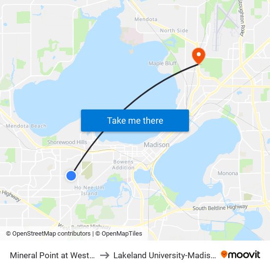 Mineral Point at Westmorland to Lakeland University-Madison Center map