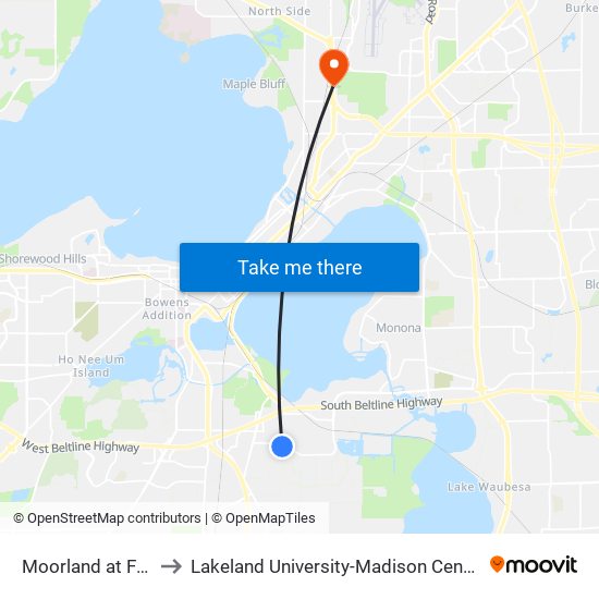 Moorland at Fell to Lakeland University-Madison Center map