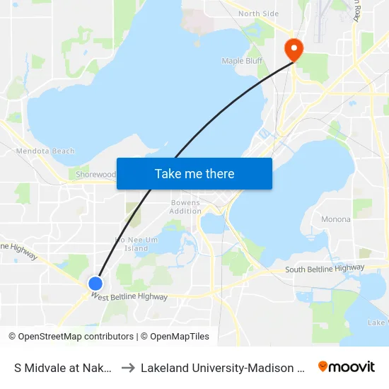 S Midvale at Nakoma to Lakeland University-Madison Center map