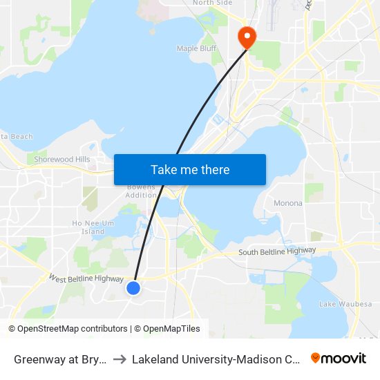 Greenway at Bryant to Lakeland University-Madison Center map
