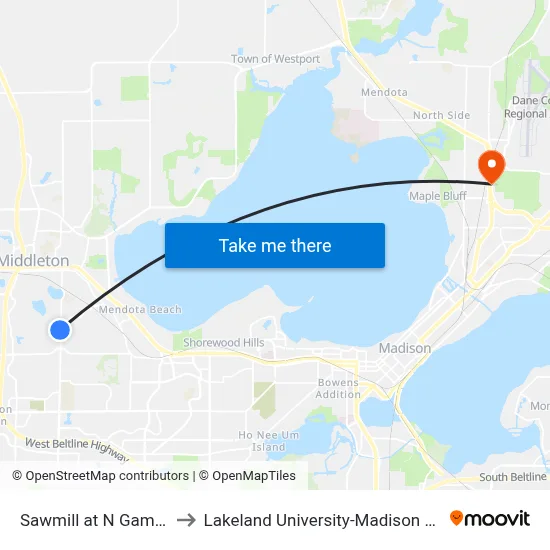 Sawmill at N Gammon to Lakeland University-Madison Center map