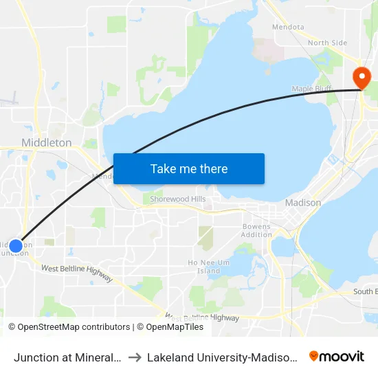 Junction at Mineral Point to Lakeland University-Madison Center map