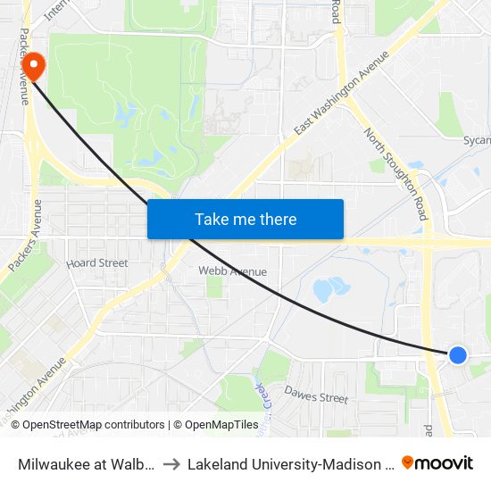 Milwaukee at Walbridge to Lakeland University-Madison Center map