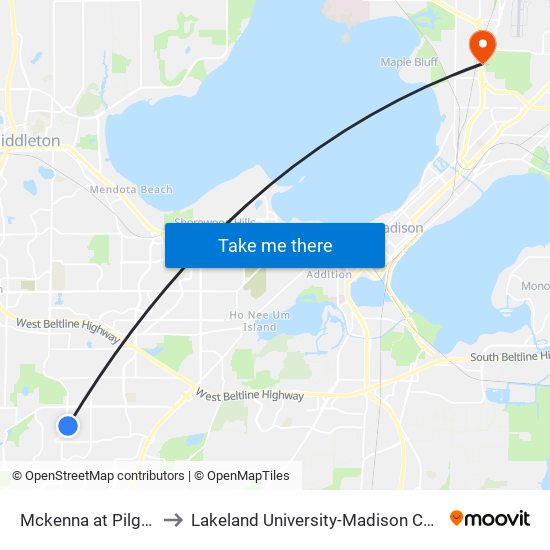 Mckenna at Pilgrim to Lakeland University-Madison Center map