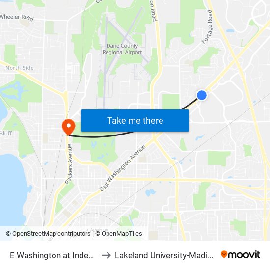 E Washington at Independence to Lakeland University-Madison Center map