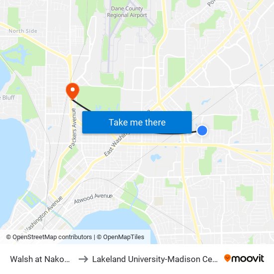 Walsh at Nakoosa to Lakeland University-Madison Center map