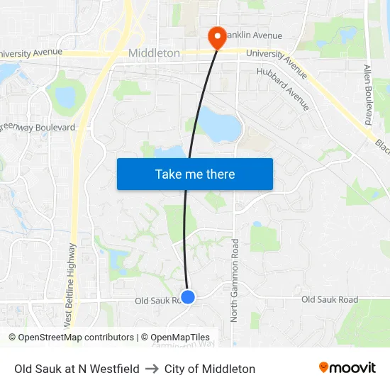 Old Sauk at N Westfield to City of Middleton map