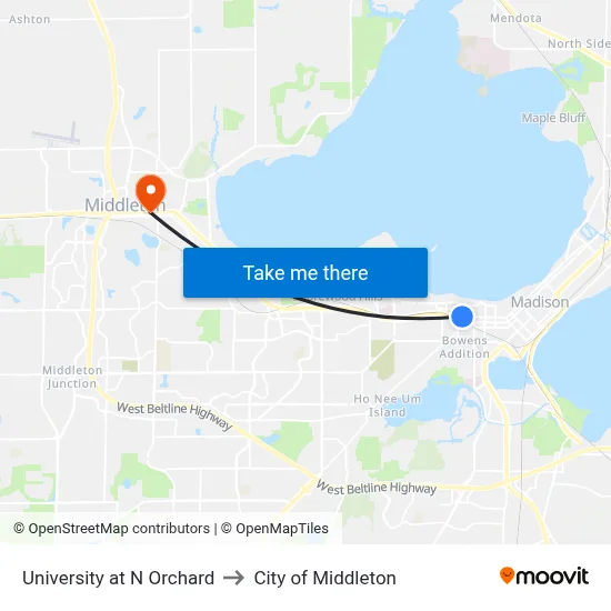 University at N Orchard to City of Middleton map