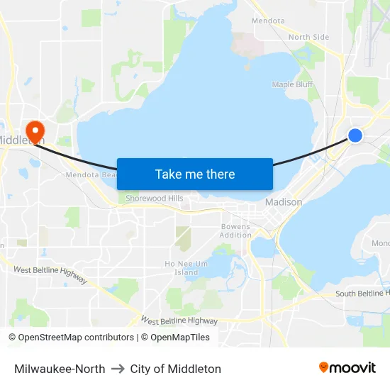 Milwaukee-North to City of Middleton map
