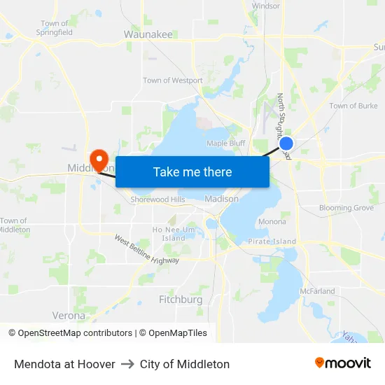 Mendota at Hoover to City of Middleton map