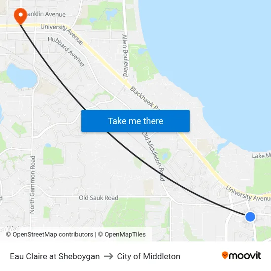 Eau Claire at Sheboygan to City of Middleton map
