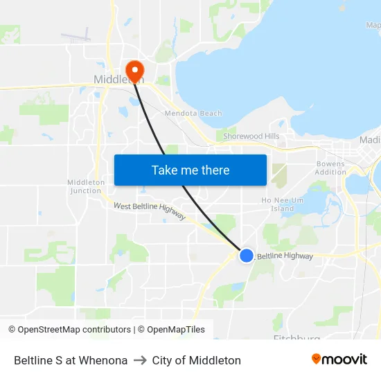Beltline S at Whenona to City of Middleton map