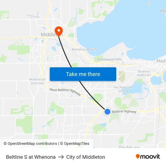 Beltline S at Whenona to City of Middleton map