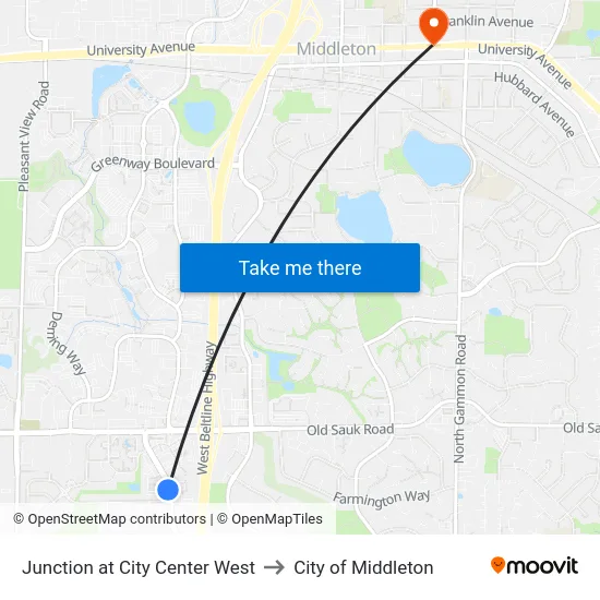 Junction at City Center West to City of Middleton map
