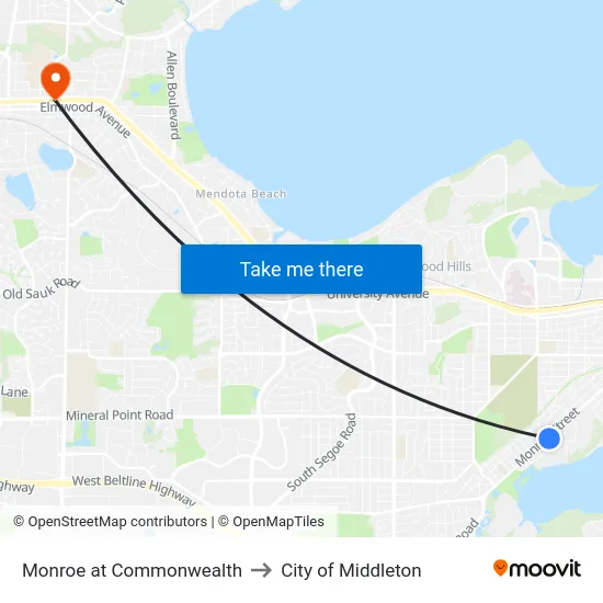 Monroe at Commonwealth to City of Middleton map