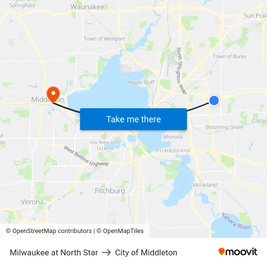 Milwaukee at North Star to City of Middleton map