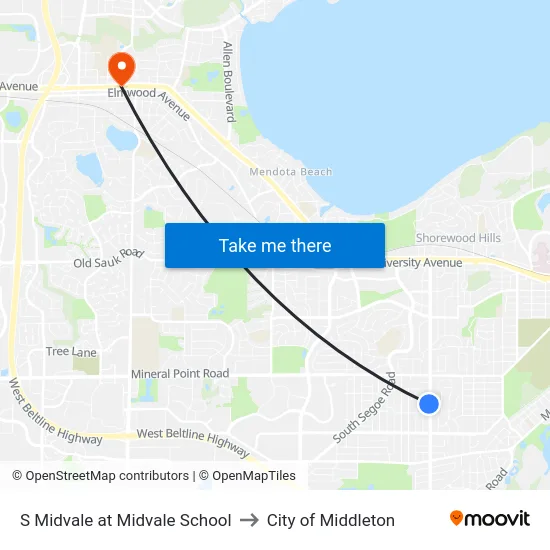 S Midvale at Midvale School to City of Middleton map