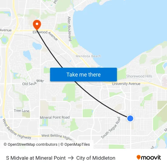S Midvale at Mineral Point to City of Middleton map