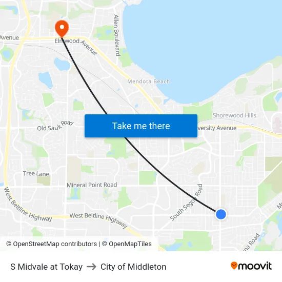 S Midvale at Tokay to City of Middleton map
