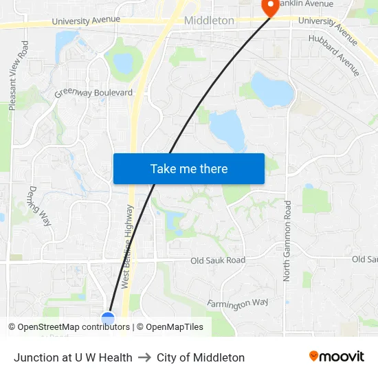 Junction at U W Health to City of Middleton map
